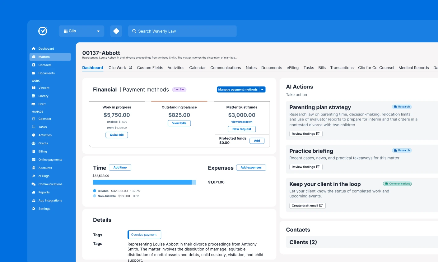 Clio Manage matters, billing, and deadlines